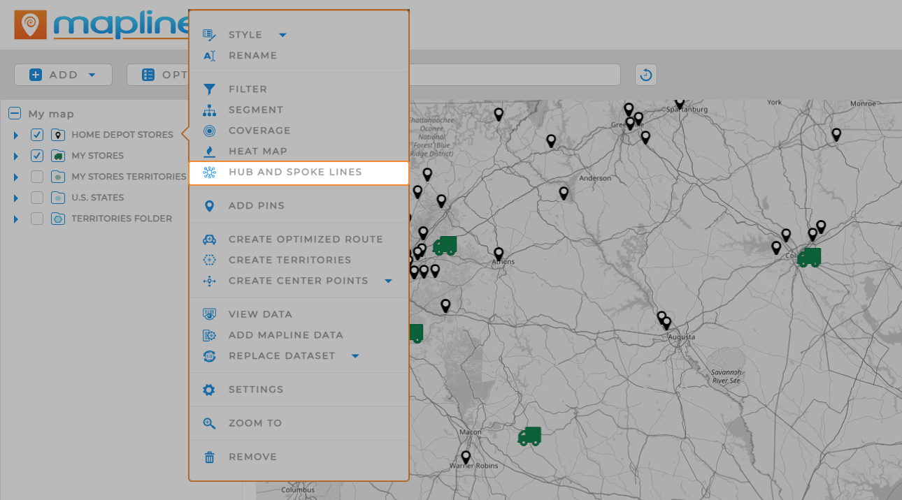 Add hub and spoke lines to your Mapline map