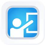Blue Training Icon: teacher pointing to chalkboard
