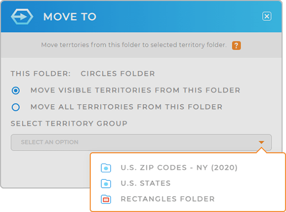Screenshot of the Move To lightbox in Mapline: move territories with ease