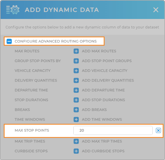 Screenshot of optimized route settings, with max stop points highlighted.