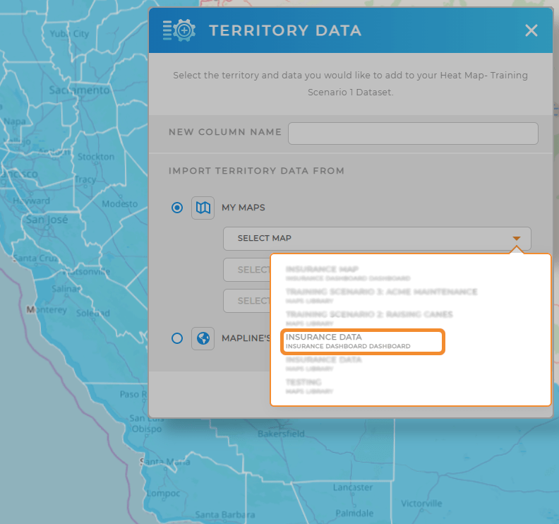 Add objects created in dashboards to any dataset. Screenshot shows how to add territory data from a dashboard object through dynamic data columns.