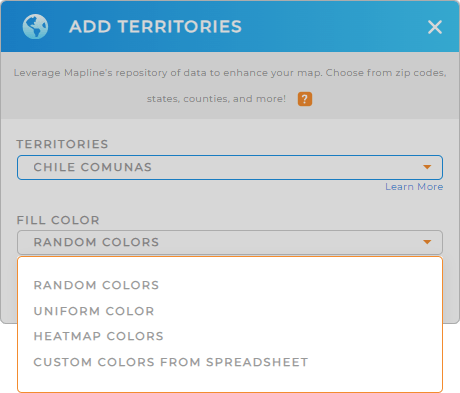 Color-code your Chile Communes territory map in seconds