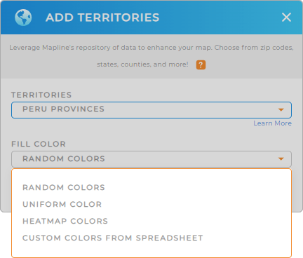 Color-code your Peru provinces territory map in seconds