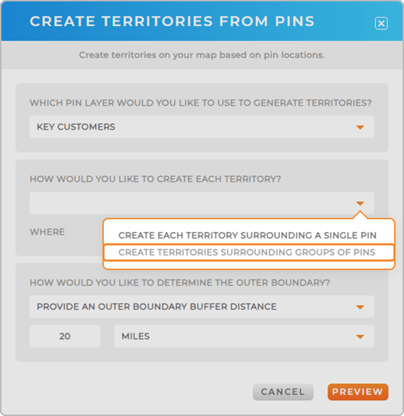 Add territories lightbox, highlighting create territories surrounding groups of pins