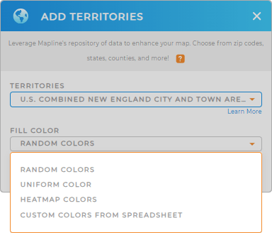 Color-code your Combined New England City and Town Areas territory map in seconds