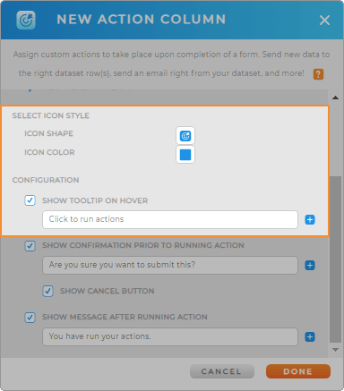 Screenshot of the action columns lightbox in Mapline, with Tooltip options highlighted