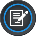Blue contract icon: a pen writing on a piece of paper