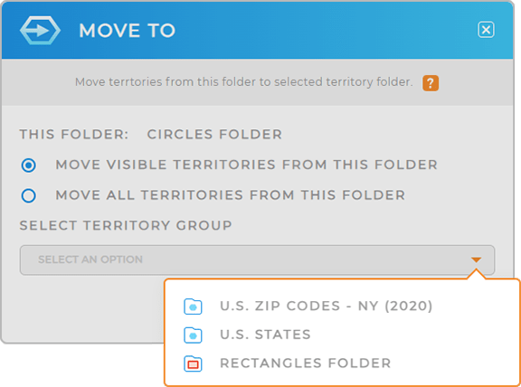 Screenshot of the Move To lightbox in Mapline: move territories with ease