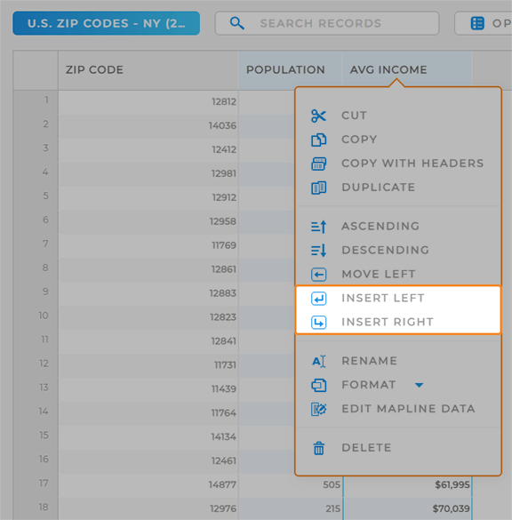Screenshot of the territory dataset pop-out menu with 'insert left' and 'insert right' highlighted