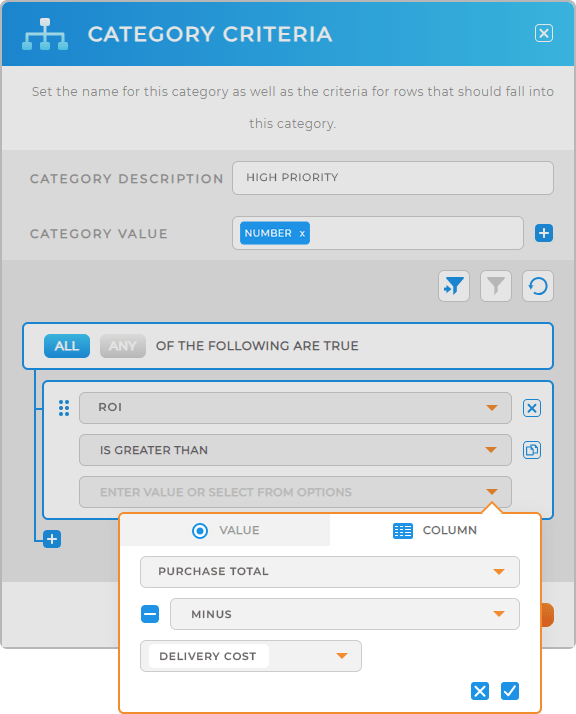 Screenshot of the Categories Criteria lightbox in Mapline, with dynamic criteria highlighted