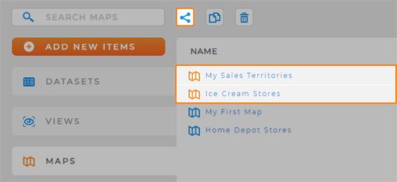 Screenshot of the Mapline Maps Library, with duplicate maps and the sharing icon highlighted