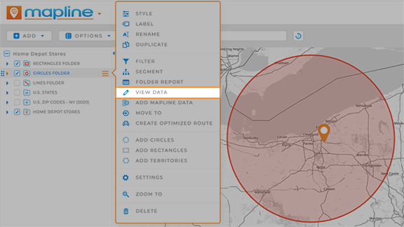 Screenshot of the Circles layer menu, with 'View Data' highlighted