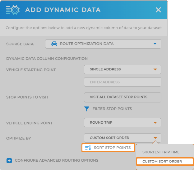 Screenshot of the Dynamic Data lightbox in Mapline, where you can now sort dataset columns in a customized order.