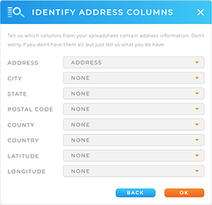 Screenshot of the Identify Address Columns lightbox in Mapline