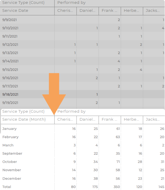 Screenshot of a spreadsheet with individual service dates listed. After converting, the spreadsheet displays service dates by month instead of day.