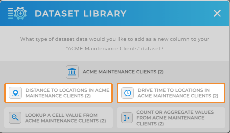 Screenshot of adding dynamic data to your dataset in Mapline. You can now calculate distance and drive time to each of the locations in your dataset.
