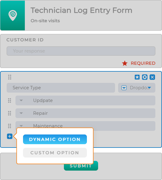 Screenshot o Dynamic elements option in Forms: Click the plus sign to access a menu that allows you to add dynamic elements to your Form.