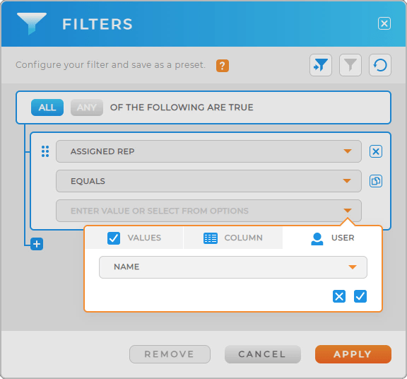 Screenshot of Filter options. Setting 