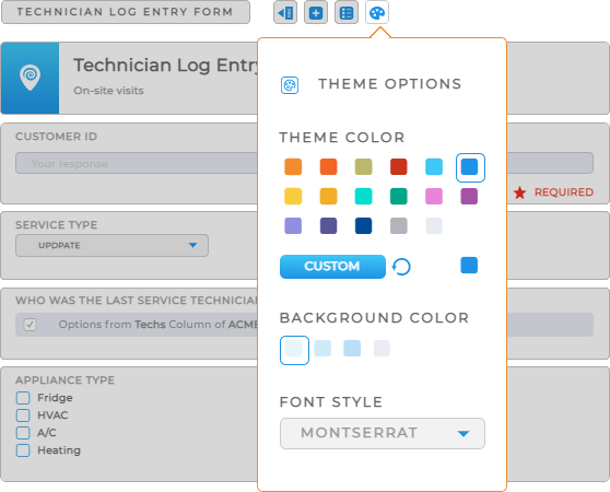 Screenshot of the customization menu in forms, showing color and font settings.
