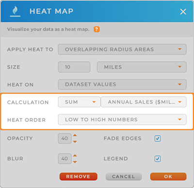 Screenshot of the Heat Map lightbox in Mapline, with the Calculation section highlighted
