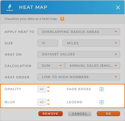 Screenshot of the Heat Map lightbox in Mapline, with the Other Options section highlighted