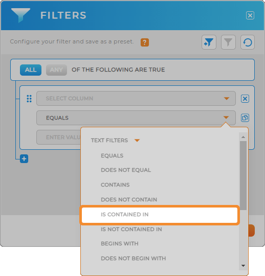 Screenshot of the drop-down menu in dataset filters, where you can now select 'Is Contained In,' a new logic that does not exist in Excel. You can also select 'Is not contained in.'
