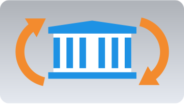 A government building with arrows around it. The arrows create a circle, indicating perpetual change.