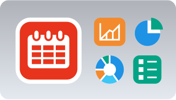 Calendar icon next to 4 icons representing a line graph, pie charts, and a checklist.