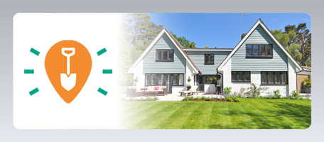 Landscaping Management struggles: image of a shovel icon inside Mapline's logo (an orange map pin). The icon sits next to a home and a beautifully landscaped yard.
