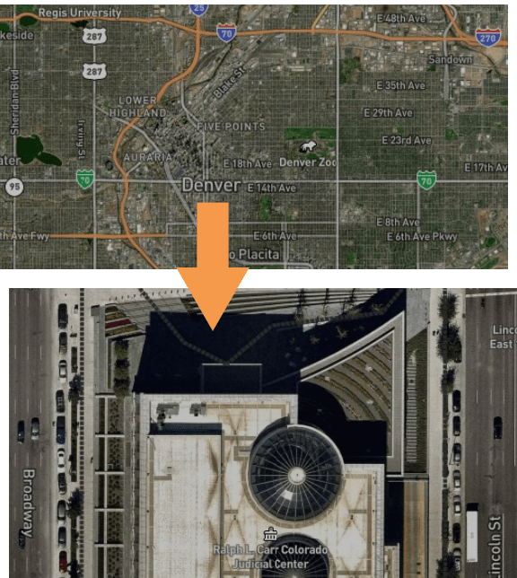 Screenshot of a map of Denver, then a screenshot of zooming in on Broadway.