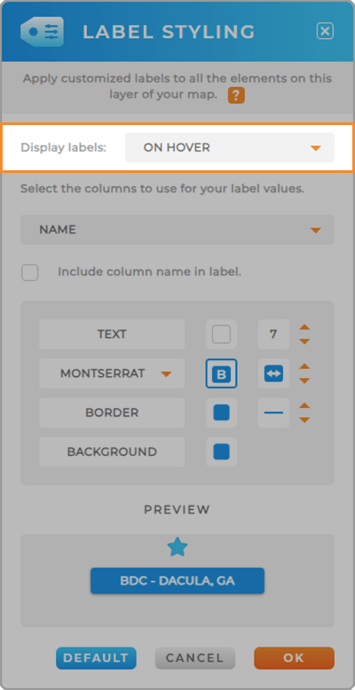 Screenshot of the Labels lightbox in Mapline, with Display Behavior highlighted