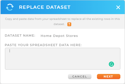 Screenshot of the Replace Dataset lightbox in Mapline