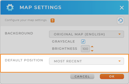 Screenshot of the Map Settings lightbox in Mapline, with the Default Position section highlighted