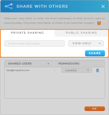 Screenshot of the Share lightbox in Mapline, with the private sharing section highlighted