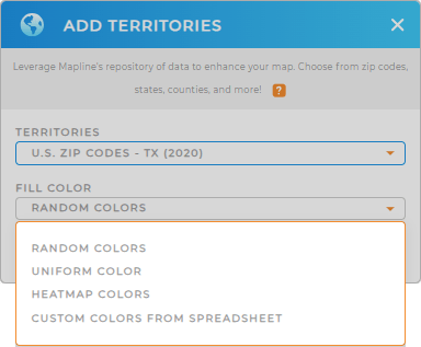 Choose territory colors for US Zip Codes