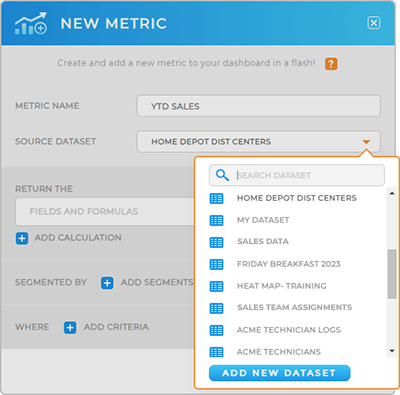 Screenshot of the Add Metric lightbox in Mapline with the Datasets drop-down open
