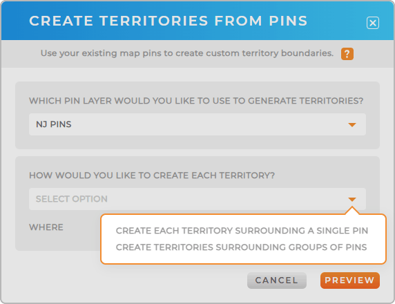 Screenshot of adding territories from existing map pins in Mapline, with boundary options highlighted