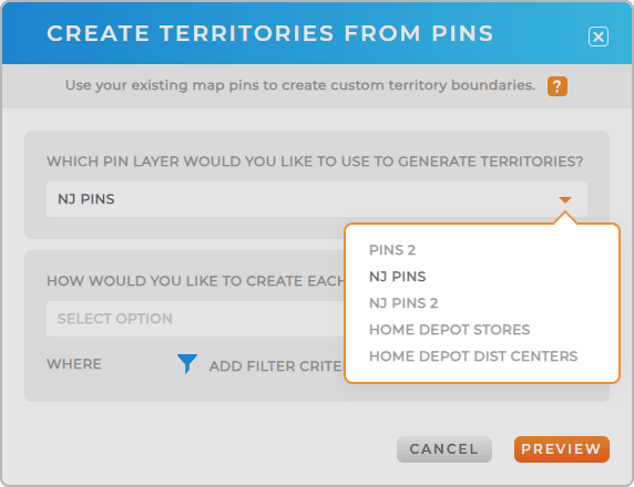 Screenshot of adding territories from existing map pins in Mapline, with pin layer selected
