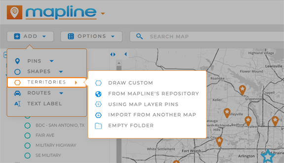 Screenshot of the Add menu in Mapline, with 'Add > Using Existing Layer Pins' highlighted