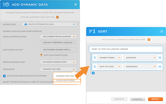 Screenshot of route optimization with 'sort stop points' highlighted