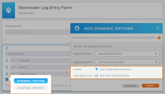 Screenshot of the Dynamic Forms lightbox, with Sort and Filter hightlighted