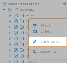 Screenshot of Segment folders in the Map sidebar, with View Data highlighted