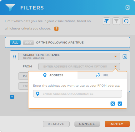 Screenshot of Filters window, with straight-line distance options highlighted