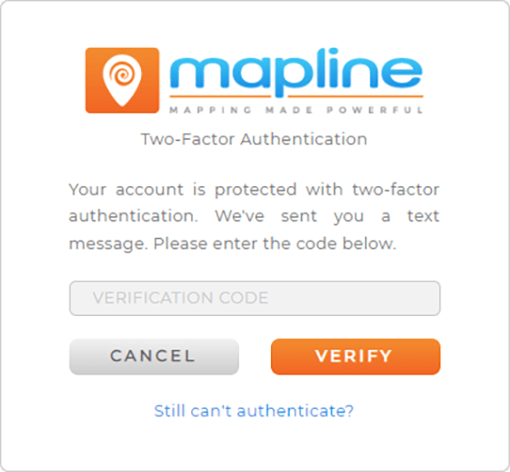 Screenshot of Mapline two-factor authentication at the login screen