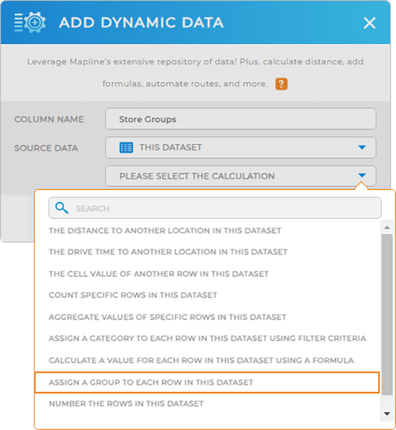 Screenshot of Mapline's dynamic data options, with 'assign group' highlighted