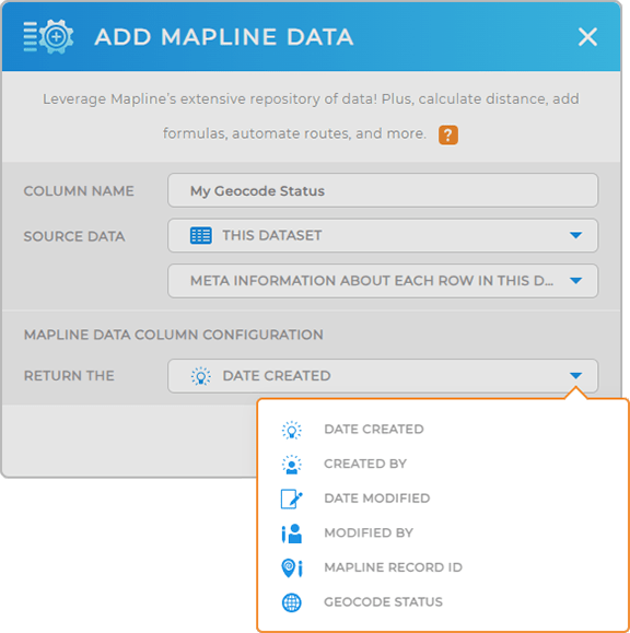 Screenshot of the Mapline Data lightbox, with Geocode status highlighted