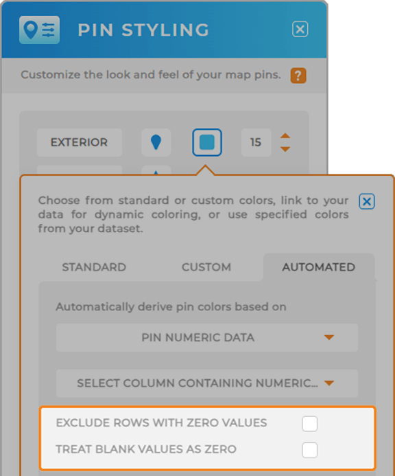 Screenshot of the pin styling lightbox in Mapline, with new dynamic options highlighted