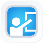 Blue Training Icon: teacher pointing to chalkboard