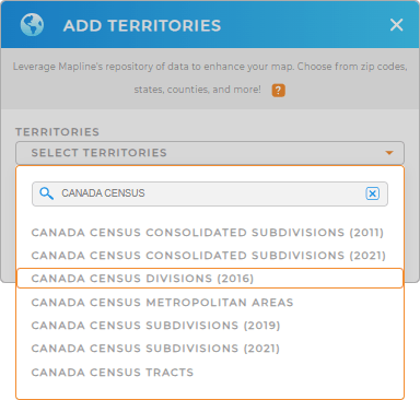Add Canada Census Divisions to your map in Mapline