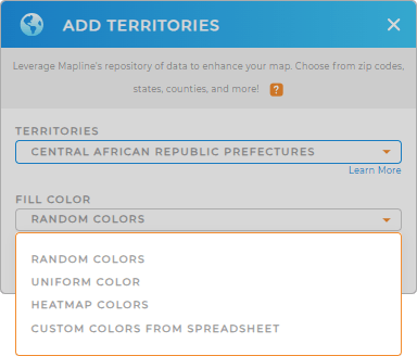 Color-code your Central African Republic Prefectures territory map in seconds
